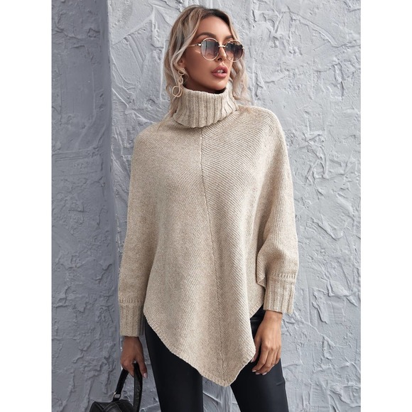 Turtleneck Asymmetrical Hem Poncho Sweater tan boho - Picture 5 of 5